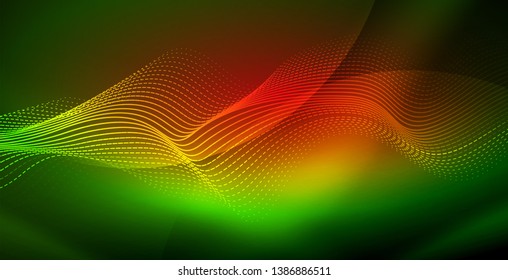 Glowing abstract wave on dark, shiny motion, magic space light. Vector techno abstract background