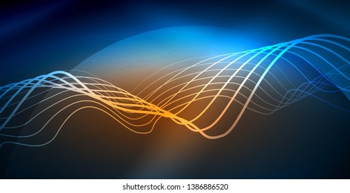 Ola abstracta brillante en movimiento oscuro y brillante, luz espacial mágica. Fondo abstracto vectorial techno, color azul