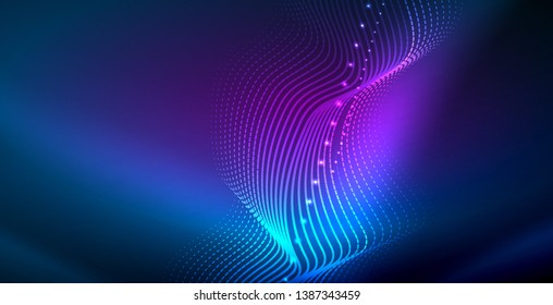 Ola abstracta brillante en movimiento oscuro y brillante, luz espacial mágica. Fondo abstracto vectorial techno, color azul