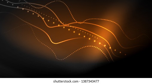 Glowing abstract wave on dark, shiny motion, magic space light. Vector techno abstract background