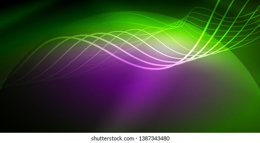 Ola abstracta brillante en movimiento oscuro y brillante, luz espacial mágica. Fondo abstracto Vector Techno
