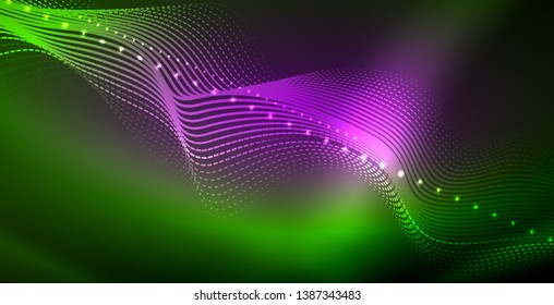 Glowing abstract wave on dark, shiny motion, magic space light. Vector techno abstract background