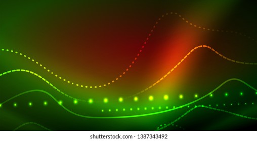 Glowing abstract wave on dark, shiny motion, magic space light. Vector techno abstract background