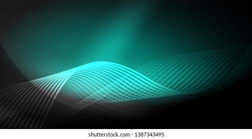Glowing abstract wave on dark, shiny motion, magic space light. Vector techno abstract background