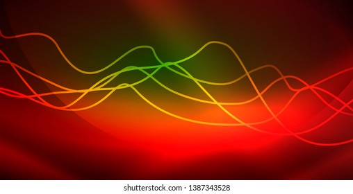Glowing abstract wave on dark, shiny motion, magic space light. Vector techno abstract background