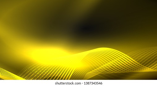 Onda abstrata brilhante no escuro, movimento brilhante, luz do espaço mágico. Plano de fundo abstrato do tecno vetorial