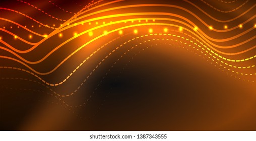 Glowing abstract wave on dark, shiny motion, magic space light. Vector techno abstract background
