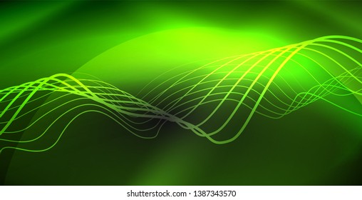 Glowing abstract wave on dark, shiny motion, magic space light. Vector techno abstract background