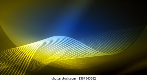 Glowing abstract wave on dark, shiny motion, magic space light. Vector techno abstract background