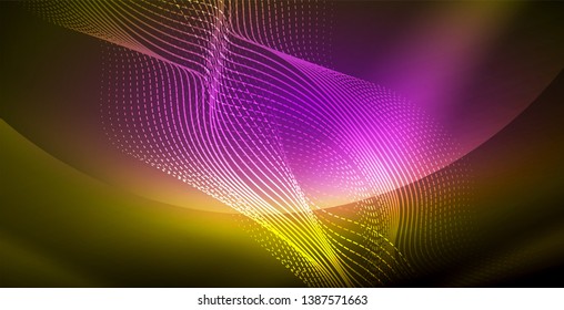 Glowing abstract wave on dark, shiny motion, magic space light. Vector techno abstract background