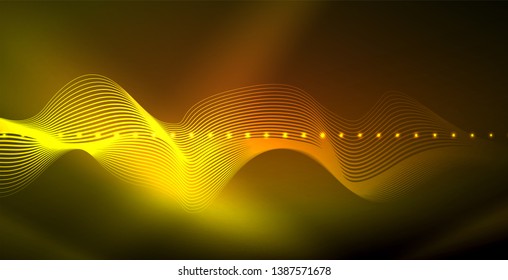 Glowing abstract wave on dark, shiny motion, magic space light. Vector techno abstract background