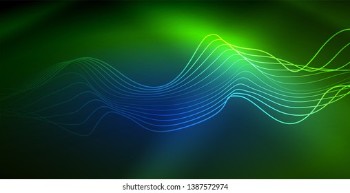 Glowing abstract wave on dark, shiny motion, magic space light. Vector techno abstract background