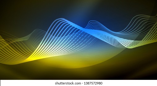 Glowing abstract wave on dark, shiny motion, magic space light. Vector techno abstract background