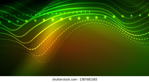 Glowing abstract wave on dark, shiny motion, magic space light. Vector techno abstract background