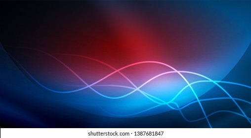 Glowing abstract wave on dark, shiny motion, magic space light. Vector techno abstract background, blue color