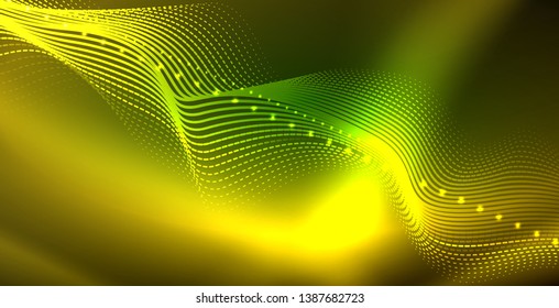 Glowing abstract wave on dark, shiny motion, magic space light. Vector techno abstract background