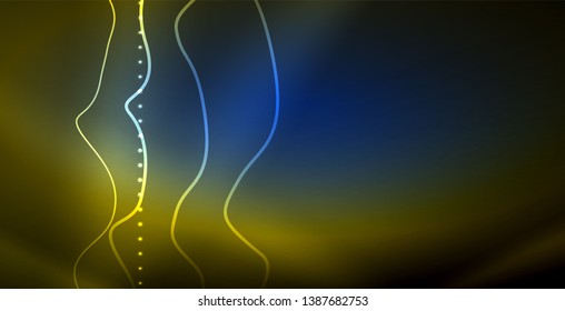 Glowing abstract wave on dark, shiny motion, magic space light. Vector techno abstract background