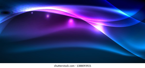 Glowing abstract wave on dark, shiny motion, magic space light. Vector techno abstract background