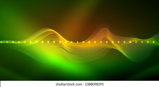 Glowing abstract wave on dark, shiny motion, magic space light. Vector techno abstract background