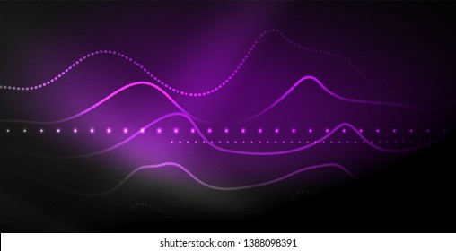 Glowing abstract wave on dark, shiny motion, magic space light. Vector techno abstract background