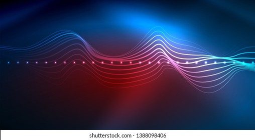 Glowing abstract wave on dark, shiny motion, magic space light. Vector techno abstract background, blue color