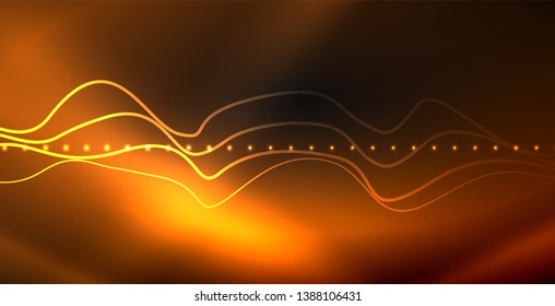 Glowing abstract wave on dark, shiny motion, magic space light. Vector techno abstract background