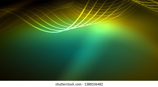Glowing abstract wave on dark, shiny motion, magic space light. Vector techno abstract background