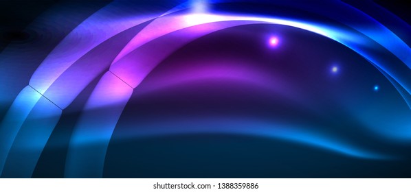 Glowing abstract wave on dark, shiny motion, magic space light. Vector techno abstract background