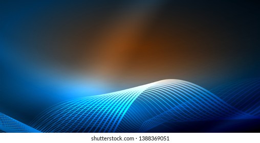 Onda abstrata brilhante no escuro, movimento brilhante, luz do espaço mágico. Vetor techno fundo abstrato, cor azul