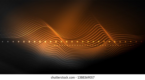 Glowing abstract wave on dark, shiny motion, magic space light. Vector techno abstract background