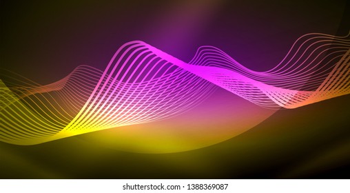 Glowing abstract wave on dark, shiny motion, magic space light. Vector techno abstract background