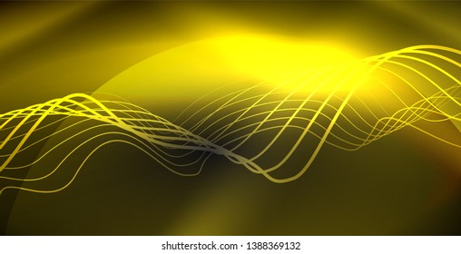 Glowing abstract wave on dark, shiny motion, magic space light. Vector techno abstract background