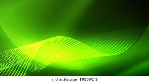 Glowing abstract wave on dark, shiny motion, magic space light. Vector techno abstract background
