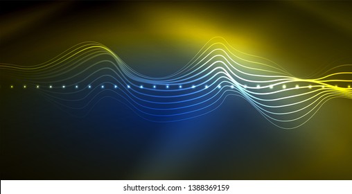 Glowing abstract wave on dark, shiny motion, magic space light. Vector techno abstract background