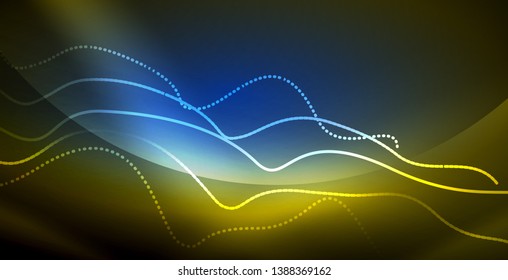 Glowing abstract wave on dark, shiny motion, magic space light. Vector techno abstract background