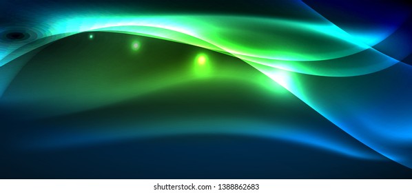Glowing abstract wave on dark, shiny motion, magic space light. Vector techno abstract background