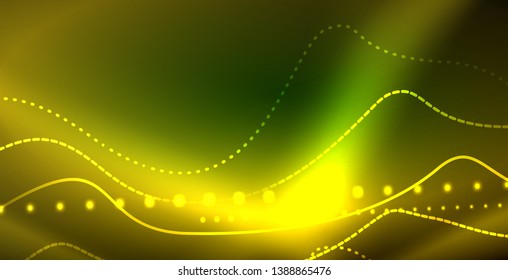 Glowing abstract wave on dark, shiny motion, magic space light. Vector techno abstract background
