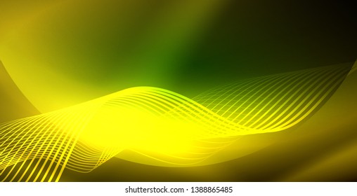 Glowing abstract wave on dark, shiny motion, magic space light. Vector techno abstract background