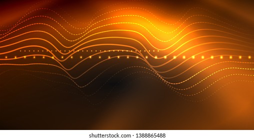 Glowing abstract wave on dark, shiny motion, magic space light. Vector techno abstract background