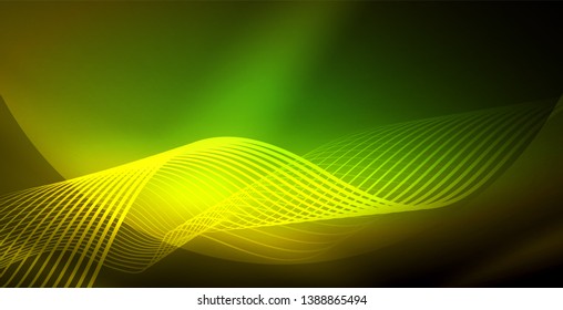 Glowing abstract wave on dark, shiny motion, magic space light. Vector techno abstract background