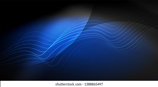 Ola abstracta brillante en movimiento oscuro y brillante, luz espacial mágica. Fondo abstracto Vector Techno
