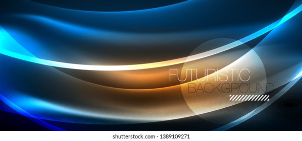 Ola abstracta brillante en movimiento oscuro y brillante, luz espacial mágica. Fondo abstracto Vector Techno