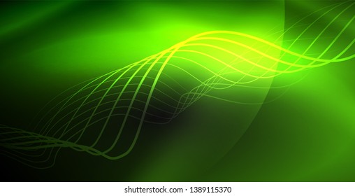 Glowing abstract wave on dark, shiny motion, magic space light. Vector techno abstract background