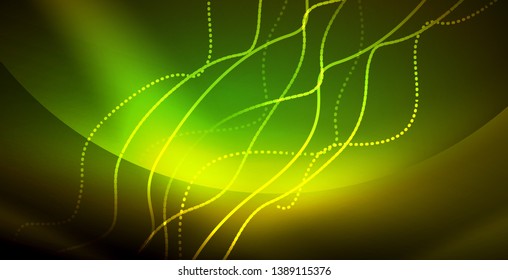 Glowing abstract wave on dark, shiny motion, magic space light. Vector techno abstract background