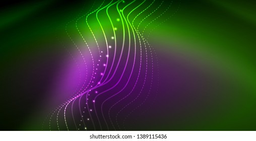 Glowing abstract wave on dark, shiny motion, magic space light. Vector techno abstract background