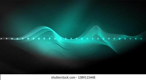 Glowing abstract wave on dark, shiny motion, magic space light. Vector techno abstract background
