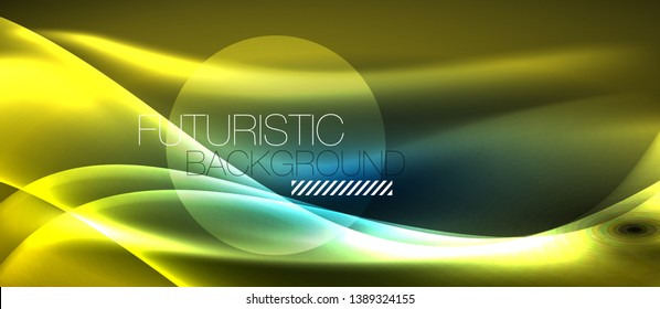 Glowing abstract wave on dark, shiny motion, magic space light. Vector techno abstract background