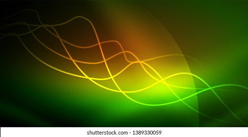 Glowing abstract wave on dark, shiny motion, magic space light. Vector techno abstract background