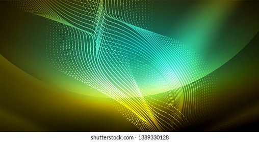 Glowing abstract wave on dark, shiny motion, magic space light. Vector techno abstract background