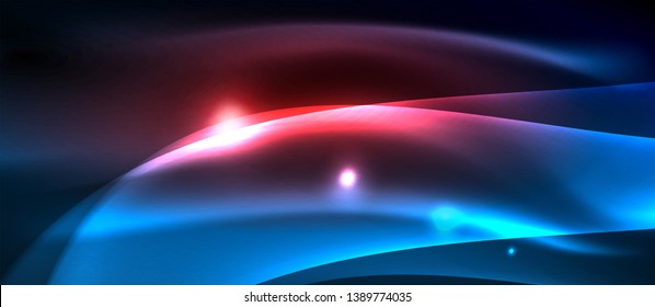 Glowing abstract wave on dark, shiny motion, magic space light. Vector techno abstract background